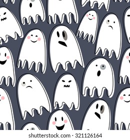 Cute spooky ghosts on dark background. Happy Halloween illustration. Seamless vector pattern with ghosts child drawing style. Flat design. Ghosts with Different Expressions