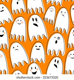 Cute spooky ghosts on orange background. Happy Halloween illustration. Seamless vector pattern with ghosts child drawing style. Flat design. Ghosts with Different Expressions