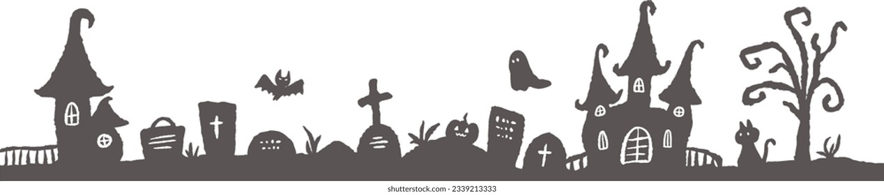 Cute and spooky Halloween black and white silhouette background, hand drawn illustration