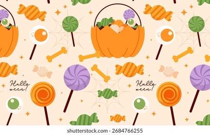 Lindo Spooky Halloween Caramelo y calabaza Ilustración de patrón