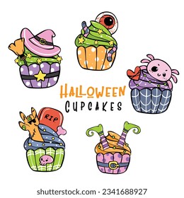 Cute and spooky Halloween cupcake doodle vibrant colourful and creative fun. Capture the festive spirit with autumn delights, pumpkins, treats, and tricks. Perfect for kids.