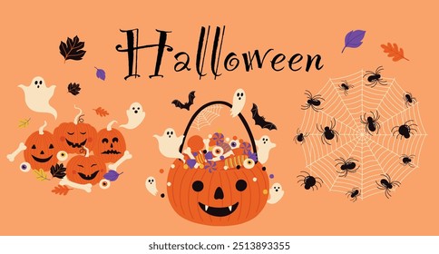 Lindo dibujo espeluznante de halloween con calabazas araña murciélagos de Web fantasmas hojas de otoño octubre septiembre Vector naranja conjunto de ilustraciones en estilo de libro de dibujos animados infantil