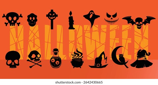 Cute and Spooky Halloween Elements Set – Cartoon Ghosts, Pumpkins, Skeletons, Candy, Witch Hat, Skull, Zombie, and More for Holiday Design, Trick or Treat Party, and October Decorations