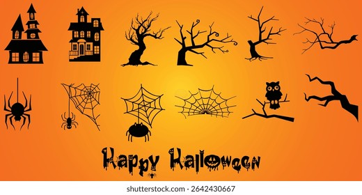 Cute and Spooky Halloween Elements Set – Cartoon Ghosts, Pumpkins, Skeletons, Candy, Witch Hat, Skull, Zombie, and More for Holiday Design, Trick or Treat Party, and October Decorations