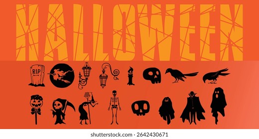 Cute and Spooky Halloween Elements Set – Cartoon Ghosts, Pumpkins, Skeletons, Candy, Witch Hat, Skull, Zombie, and More for Holiday Design, Trick or Treat Party, and October Decorations