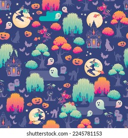 Cute Spooky Halloween Forest in lilac, green and reddish colors on purple background