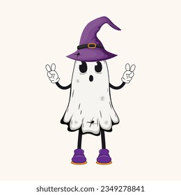 Cute spooky halloween ghost character in violet withc hat and gloves.Halloween groovy ghost in trendy 70s retro style.Vector illustration.