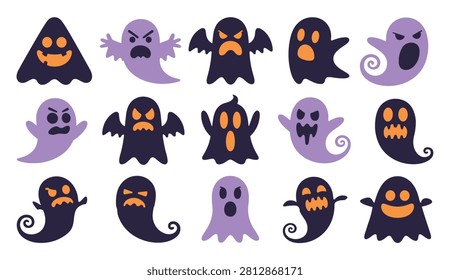 Cute spooky halloween ghost character collection with varied expressions and different silhouettes halloween character creature decoration