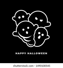 Cute and spooky halloween ghosts with Happy Halloween text. Vector illustration.