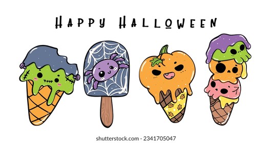 Cute and spooky Halloween Ice cream doodle vibrant colourful and creative fun. Capture the festive spirit with autumn delights, pumpkins, treats, and tricks. Perfect for kids.