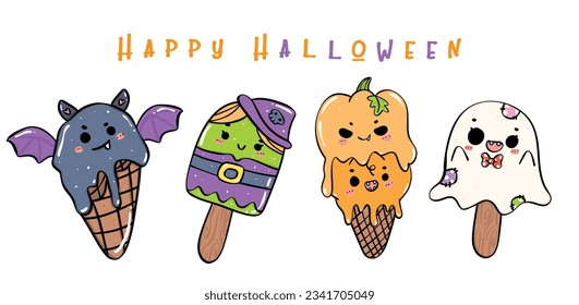 Cute und leckere Halloween Eis Doodle lebhaften bunten und kreativen Spaß. Fangen Sie den festlichen Geist mit Herbstdelikaten, Kürbissen, Zitaten und Tricks ein. Ideal für Kinder.