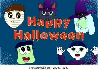 Cute and spooky Halloween illustration featuring cartoon monsters, witches, and spider webs. Perfect for kids designs and festive fun.