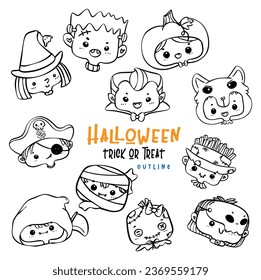 Cute spooky Halloween kid face in Costume Doodle outline collection. Adorable Festive Delight fun hand drawing, idea for coloring page and greeting card.