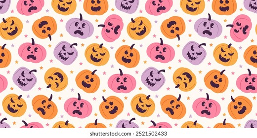 Cute and spooky Halloween pattern with pastel jack o lantern pumpkins  in pink, purple, and orange with various faces. Harvest backdrop. Background for fall seasonal decorations, and cozy home decor.	