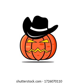 Cute and spooky Halloween pumpkin vector logo design wearing a witch’s hat. Perfect for seasonal events, Halloween parties, costume shops, festive branding, decorations, and themed merchandise