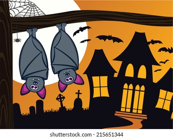 Cute and spooky Halloween scene with bats. Silhouette of a haunted house and graveyard in the background. Large, full moon adds to the atmosphere.