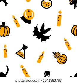 Cute spooky halloween seamless pattern. Perfect print for tee, paper, textile and fabric. Hand drawn vector illustration for decor and design.