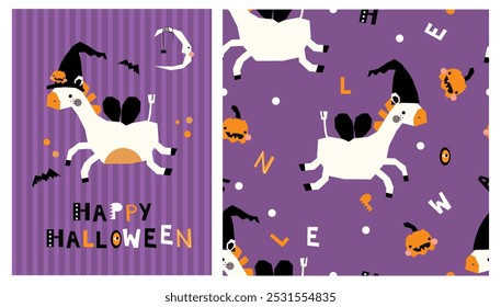 Cute spooky halloween seamless pattern with horse pony unicorn pegasus fabric background printable poster