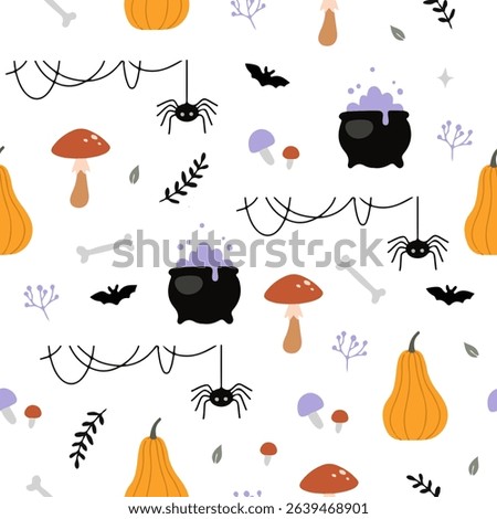 Cute spooky Halloween themed vector seamless pattern design with carved pumpkin, bats, black cat, witchy hat, skull illustration in cartoon retro groovy funky style for wrapping paper, background