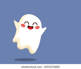 Cute spooky happy ghost on purple background celebrating Halloween holiday