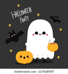 Cute spooky. Happy Halloween background with cute spooky ghosts, Cute bat and scary pumpkin. Holidays cartoon mascot. Lettering calligraphy hand written vector.