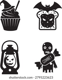 Cute spooky icons including witch hat cupcake bread bat lantern and skeleton candy.