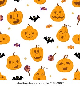 Cute spooky orange pumpkin, bat, lollipop and candy seamless pattern. Halloween holidays cartoon character set. Trick or treat background. -Vector