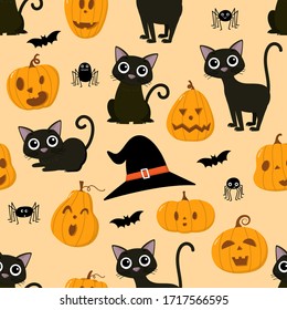 Cute spooky orange pumpkin, black cat, bat, witch hat and spider seamless pattern. Halloween holidays cartoon character set. Trick or treat background. -Vector