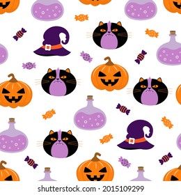 cute spooky orange pumpkin, black cat, bottle, witch hat and candy seamless pattern, halloween holidays cartoon character background, vector illustration