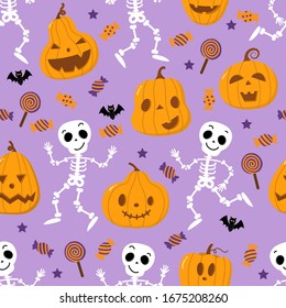 Cute spooky orange pumpkin, skeleton, bat, lollipop and candy seamless pattern. Halloween holidays cartoon character set. Trick or treat background. -Vector