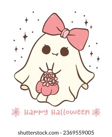 Cute and spooky pink Halloween ghost girl with bow  cartoon doodle illustration. Kawaii cartoon doodle is perfect for decorating your home, blog, or social media, Halloween greeting cards