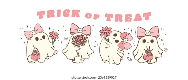 Cute and spooky pink Halloween Ghost girl with daisy flowers illustration banner. Kawaii cartoon doodle is perfect for decorating your home, blog, or social media, Halloween greeting cards