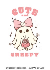 Cute and spooky pink Halloween ghost girl with bow  cartoon doodle illustration. Kawaii cartoon doodle is perfect for decorating your home, blog, or social media, Halloween greeting cards