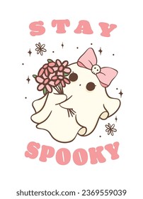 Una linda y espeluznante chica fantasma de Halloween rosa con dibujos animados de arco. El doodle de dibujos animados de Kawaii es perfecto para decorar tu hogar, blog o medios sociales, tarjetas de felicitación de Halloween