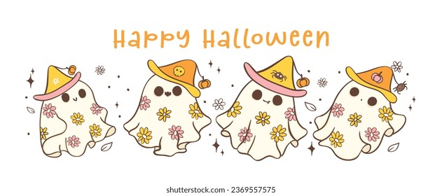 Cute and spooky pink Halloween ghosts retro daisy flower illustration banner. Kawaii cartoon doodle is perfect for decorating your home, blog, or social media, Halloween greeting cards or invitations.