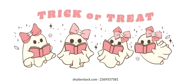 Cute and spooky pink Halloween ghosts reading books illustration banner. Kawaii cartoon doodle is perfect for decorating your home, blog, or social media, Halloween greeting cards or invitations.