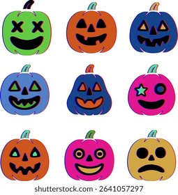 Cute and spooky pumpkins in a naive modern style with bright colors and neon accents. Perfect for Halloween cards, kids design, decorations, and seasonal creative projects.	