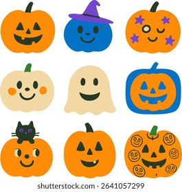 Cute and spooky pumpkins in a naive modern style with bright colors and neon accents. Perfect for Halloween cards, kids design, decorations, and seasonal creative projects.	