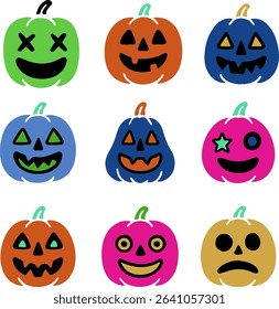 Cute and spooky pumpkins in a naive modern style with bright colors and neon accents. Perfect for Halloween cards, kids design, decorations, and seasonal creative projects.	