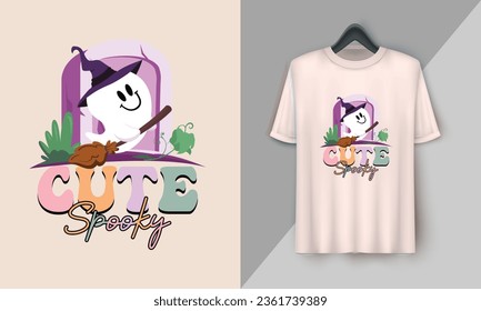 Cute Spooky - Retro Halloween Cute T-shirt Design with groovy style, Boo, Ghost, pumpkin, witch, etc 