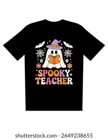 Cute Spooky Teacher Halloween T-Shirt Design Retro Ghost Reading Book