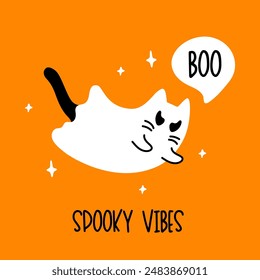 Cute Spooky Vibes Halloween print with white scary ghost cat on orange background. Vector flying Halloween character, Kawaii cartoon kitten spirit illustration.
