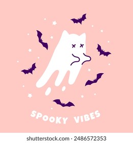 Cute Spooky Vibes Halloween print with white scary ghost cat and bats on pink background. Vector flying Halloween character, Kawaii cartoon kitten spirit illustration.