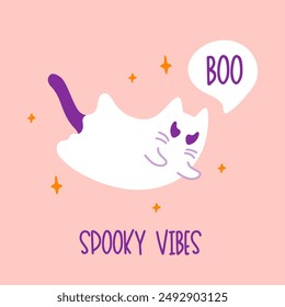 Cute Spooky Vibes Halloween print with white scary ghost cat on pink background. Vector flying Halloween character, Kawaii cartoon kitten spirit illustration.