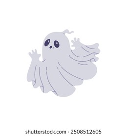 Lindo fantasma blanco. Espíritu fantasma de la noche de la historieta, monstruo fantasmal divertido. Ilustración vectorial de personaje de fantasma volador misterioso de Halloween aislado. Sombra fantasma aterradora, símbolo de horror