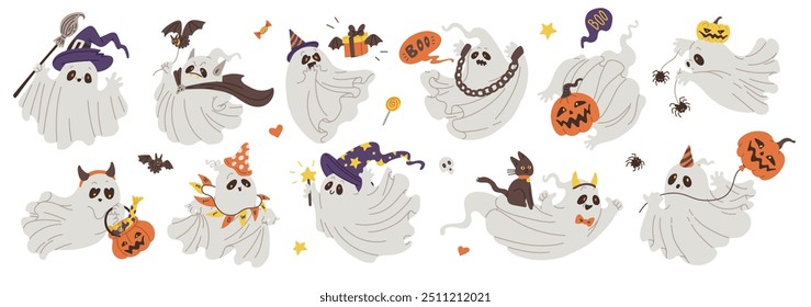 Cute spooky white ghost with Halloween decorations. Pumpkin head basket with candies treats, witch hat and broom, black cat. Cartoon holiday ghost spirit. Funny flying specter character vector set