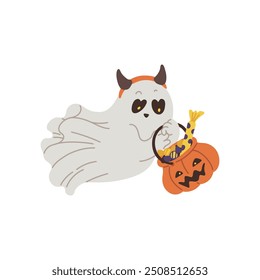 Cute spooky white ghost holding pumpkin head basket with candies treats. Cartoon ghost spirit, holiday funny monster. Halloween mysterious flying specter character vector illustration isolated