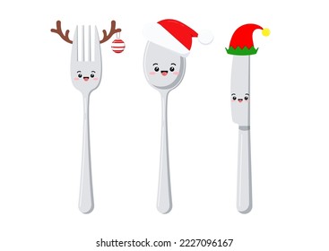 Cuchara cuchara y personaje kawaii tenedor aislado en fondo blanco. Xmas Cutlery elemento de diseño plano. Vajilla de plata de vista superior. Ilustración de utensilios de cocina con estilo de dibujos animados vectores.