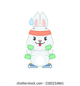 Cute sport bunny. Flat cartoon illustration of a funny little rabbit with headband and dumbbells isolated on a white background. Vector 10 EPS.
