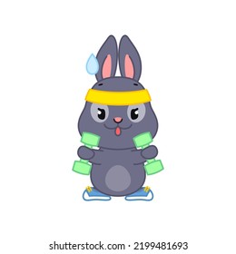 Cute sport bunny. Flat cartoon illustration of a funny little black rabbit with headband and dumbbells isolated on a white background. Vector 10 EPS.
